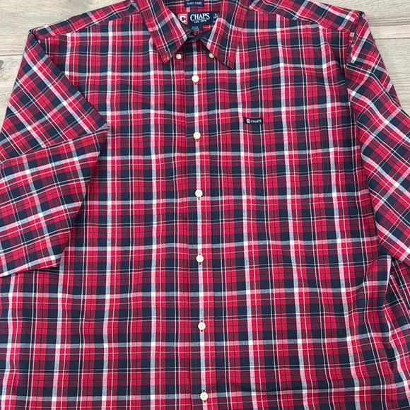 Chaps Men's Easy Care Red White Blue Plaid Button Up Shirt - Picture 5 of 8